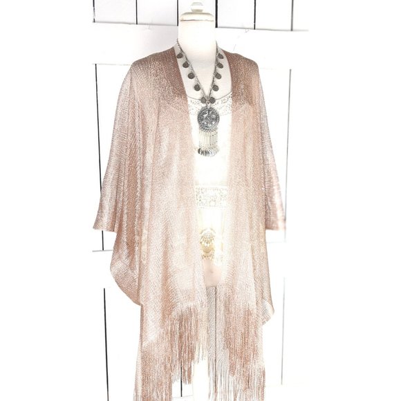 Rose gold metallic mesh kimono cover up fringe jacket - Picture 3 of 6
